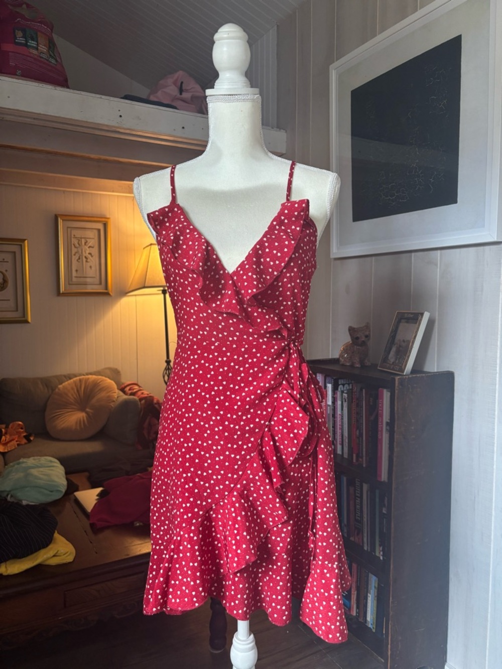 Red Ruffle Wrap Dress with Hearts